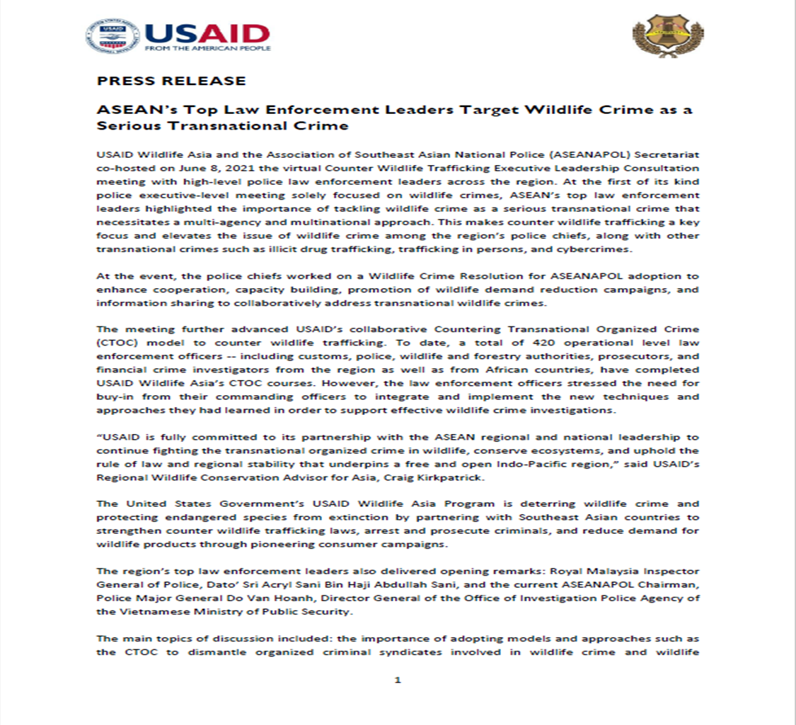 ASEANAPOL VIRTUAL DIALOGUE ON WILDLIFE CRIME, IN COLLABORATION WITH USAID WILDLIFE ASIA, 8-10 JUNE 2021
